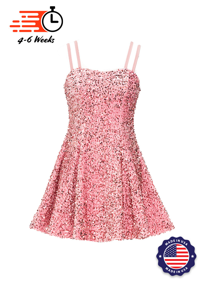 Candy Pink - Candy Pink Velvet Sequin Classic Square Neckline Princess Seam Show Choir Dress - Ships 4 to 6 weeks