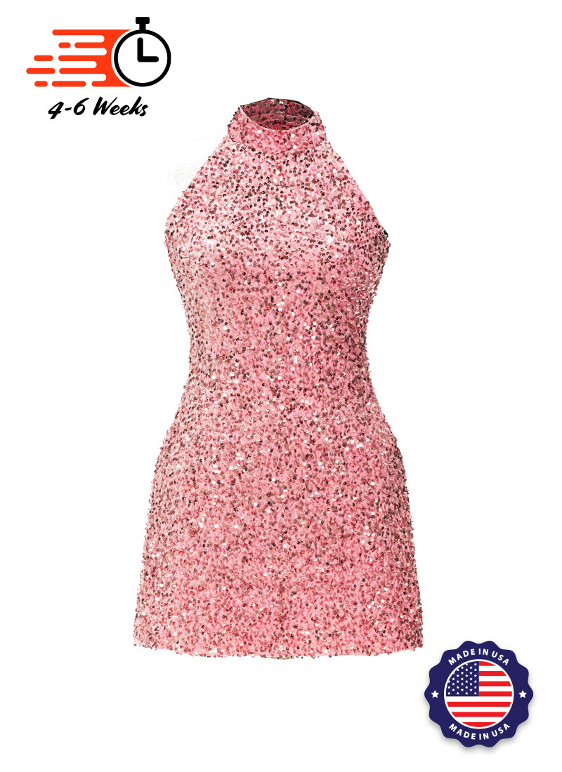 Candy Pink - Candy Pink Velvet Sequin High Neck A-Line SHIFT Show Choir Dress - Ships 4 to 6 Weeks