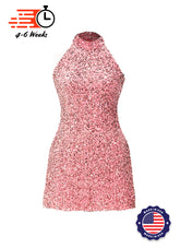 Candy Pink Velvet Sequin High Neck A-Line SHIFT Show Choir Dress Front