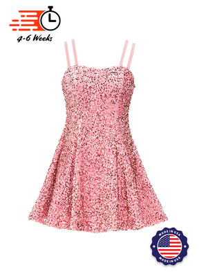 Candy Pink Velvet Sequin Classic Square Neckline Princess Seam Show Choir Dress Front 