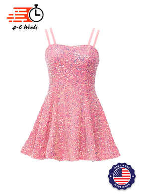 Candy Pink - Clear Iridescent Velvet Sequin Classic Square Neckline Princess Seam Show Choir Dress - Ships 4 to 6 weeks