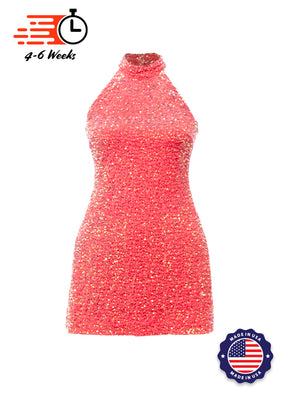 Coral - Clear Iridescent Velvet Sequin High Neck A-Line SHIFT Show Choir Dress - Ships 4 to 6 Weeks