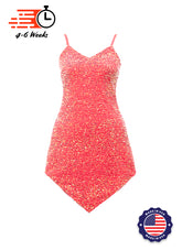 Coral Velvet Iridescent Sequin V-Neck/V-Hem A-Line SHIFT Show Choir Dress Front