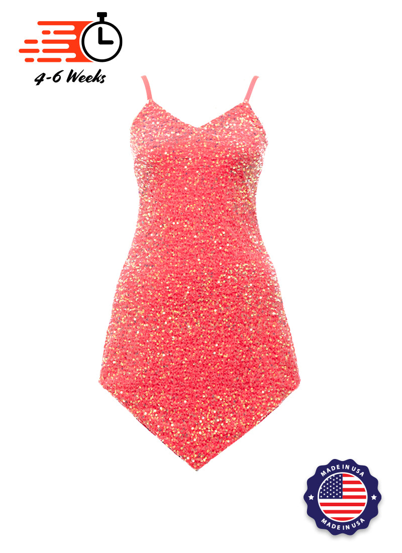 Coral Velvet Iridescent Sequin V-Neck/V-Hem A-Line SHIFT Show Choir Dress Front