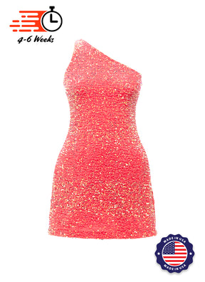 Coral Velvet Iridescent Sequin One Shoulder A-Line SHIFT Show Choir Dress Front