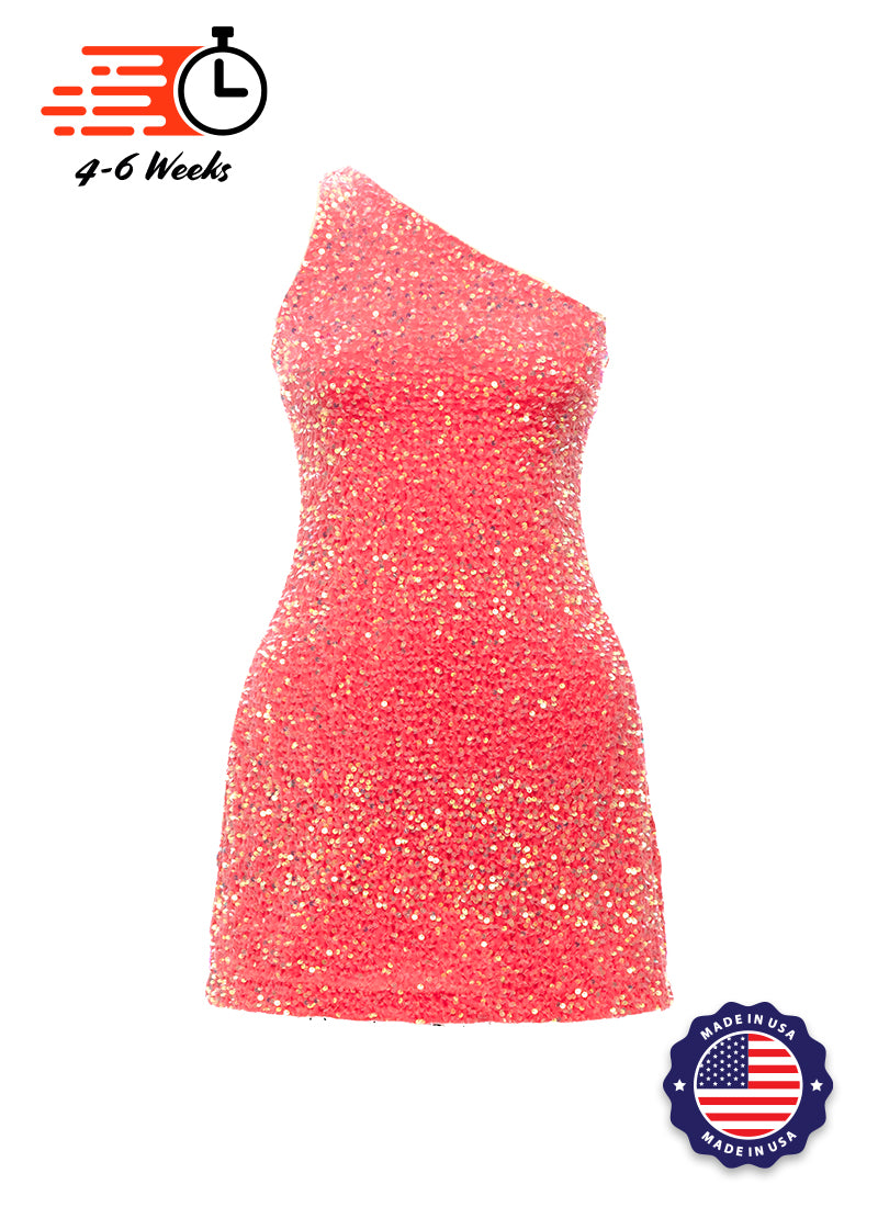 Coral Velvet Iridescent Sequin One Shoulder A-Line SHIFT Show Choir Dress Front