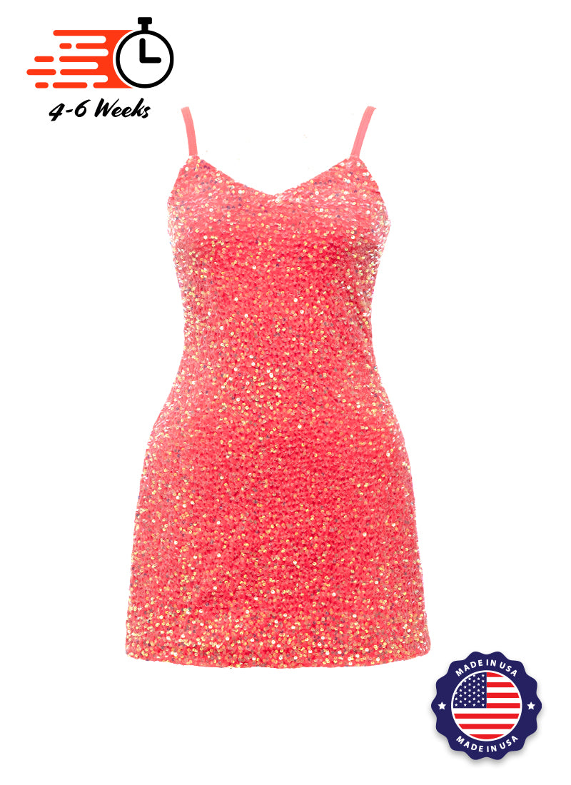Coral Velvet Iridescent Sequin V-Neck A-Line SHIFT Show Choir Dress Front