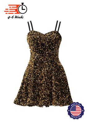 Black - Gold Velvet Metallic Sequin Classic Sweetheart Princess Seam Show Choir Dress Front