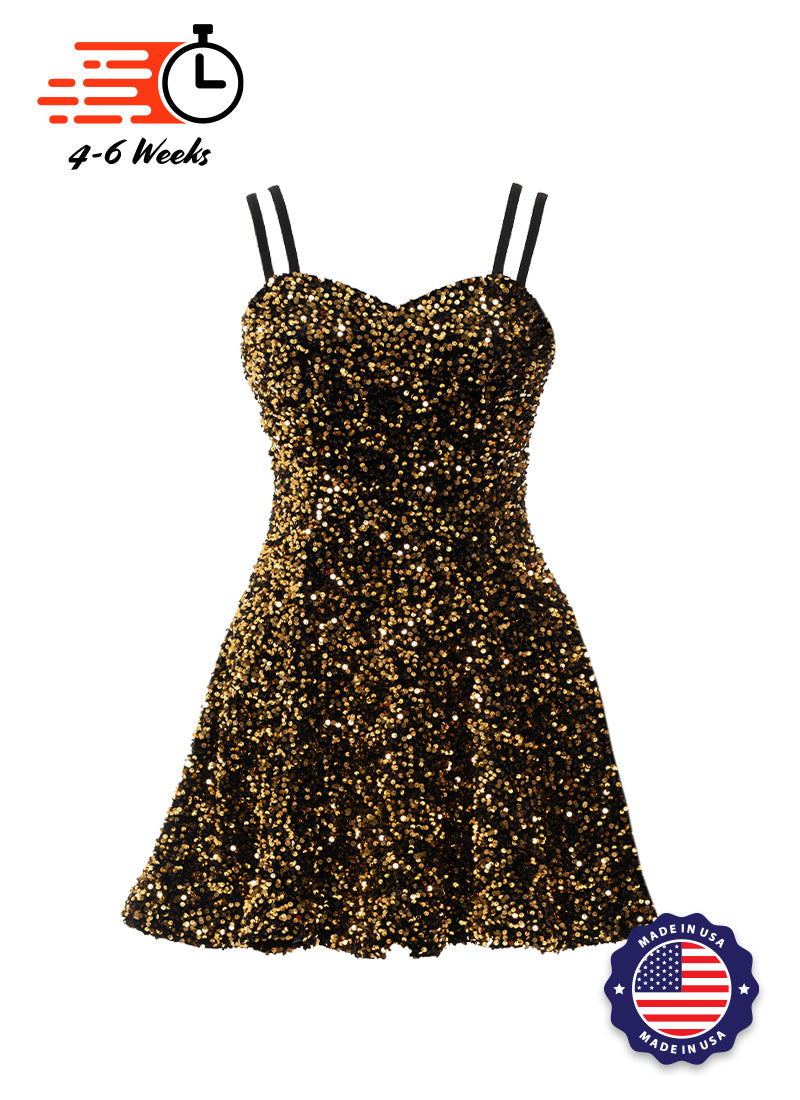 Black - Gold Velvet Metallic Sequin Classic Sweetheart Princess Seam Show Choir Dress Front