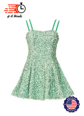 Mint - Mint Sequin Classic Square Neckline Princess Seam Show Choir Dress Front View