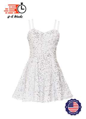 White - Silver Sequin Classic Sweetheart Princess Seam Show Choir Dress Front View