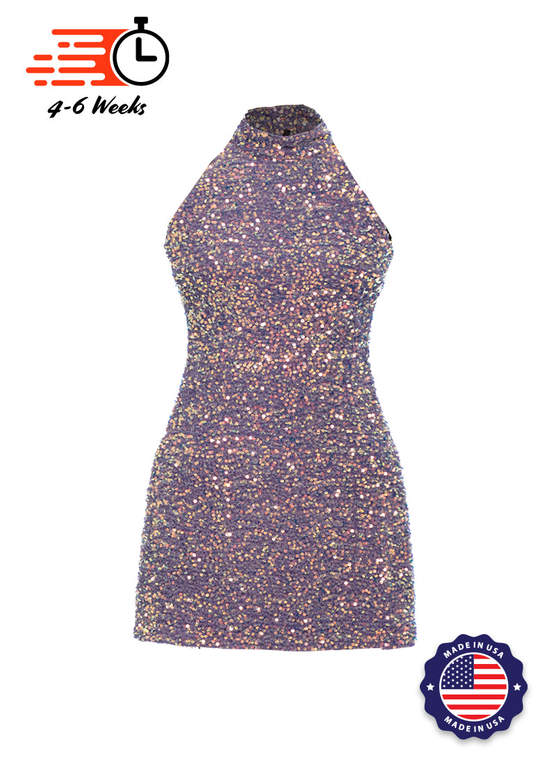 Dusty Lilac Velvet Iridescent Sequin High Neck A-Line SHIFT Show Choir Dress Front