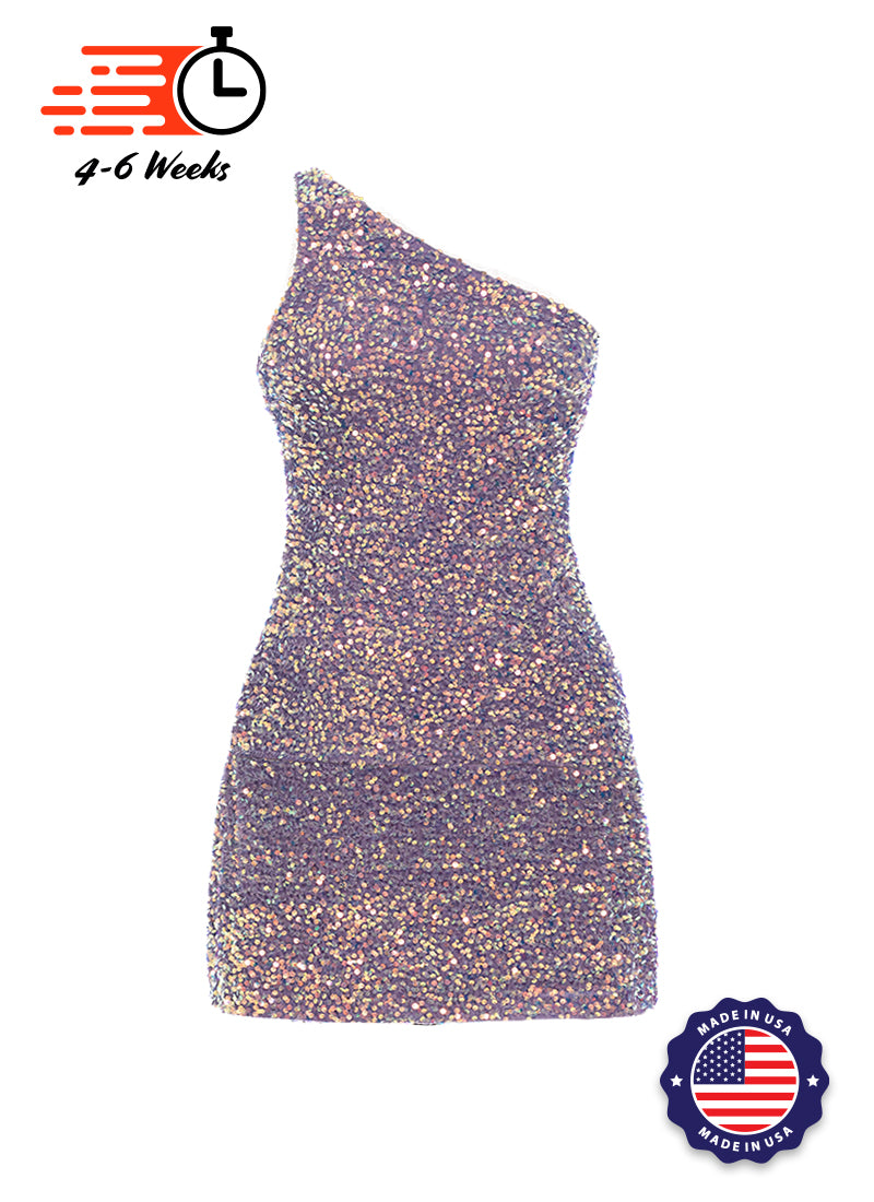 Dusty Lilac Velvet Iridescent Sequin One Shoulder A-Line SHIFT Show Choir Dress Front