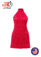 Hot Pink - Hot Pink Iridescent Velvet Sequin High Neck A-Line SHIFT Show Choir Dress - Ships 4 to 6 Weeks