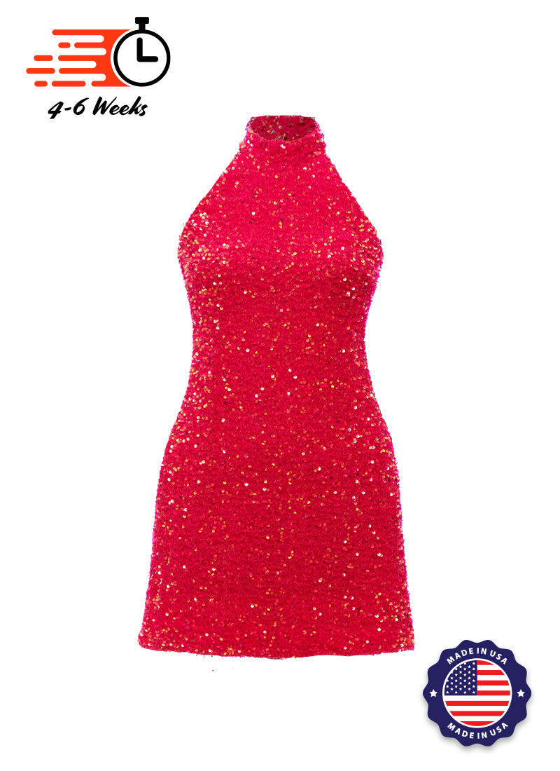 Hot Pink - Hot Pink Iridescent Velvet Sequin High Neck A-Line SHIFT Show Choir Dress - Ships 4 to 6 Weeks