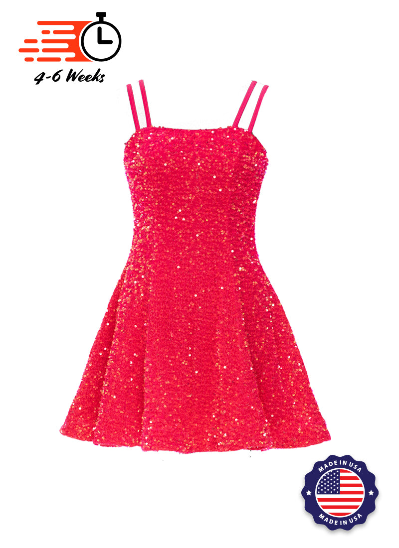 Hot Pink - Hot Pink Iridescent Velvet Sequin Classic Square Neckline Princess Seam Show Choir Dress - Ships 4 to 6 weeks