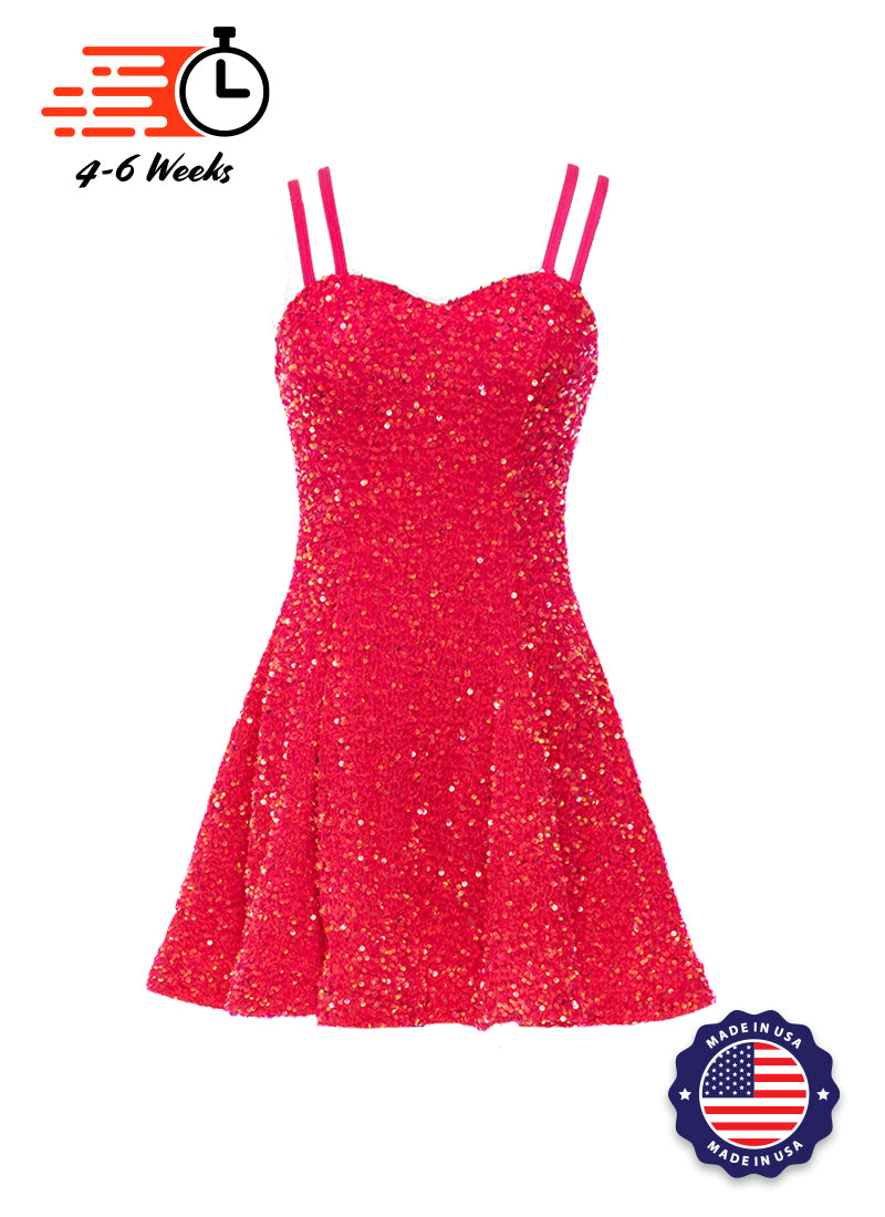 Hot Pink - Hot Pink Iridescent Velvet Sequin Classic Sweetheart Princess Seam Show Choir Dress - Ships 4 to 6 weeks