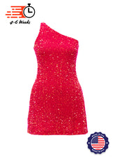 Hot Pink - Hot Pink Iridescent Velvet Sequin One Shoulder A-Line SHIFT Show Choir Dress - Ships 4 to 6 Weeks