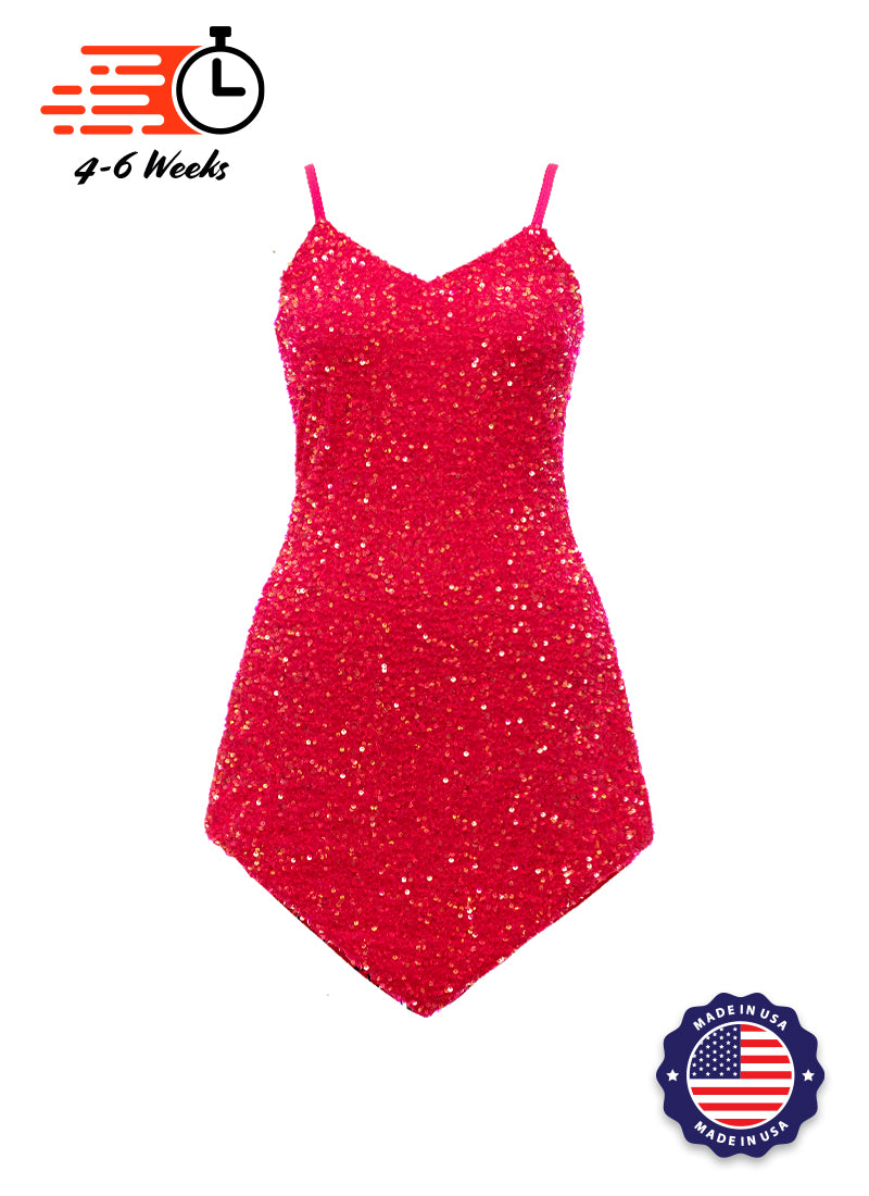 Fuchsia Velvet Iridescent Sequin V-Neck/V-Hem A-Line SHIFT Show Choir Dress Front