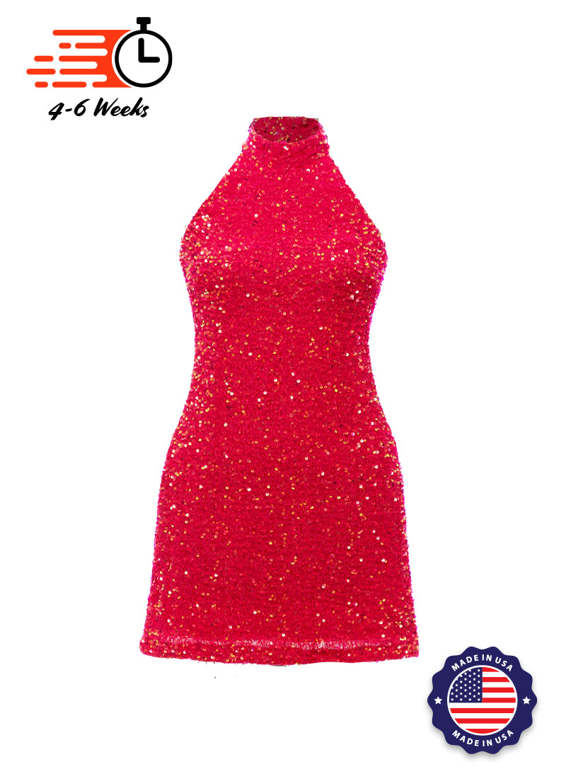 Fuchsia Velvet Iridescent Sequin High Neck A-Line SHIFT Show Choir Dress Front 