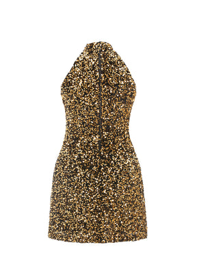 gold sequin dress with black collar Gold Sequin Square Neck Column Gown With Faille Bow