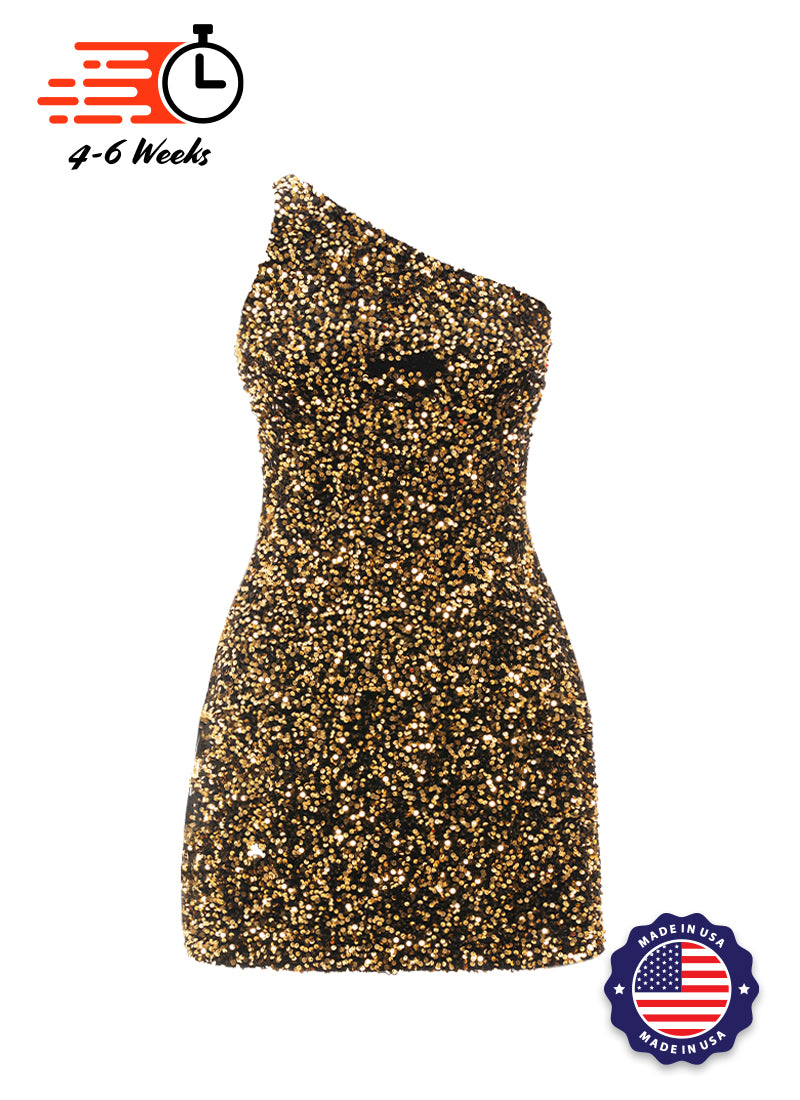 Black - Gold Velvet Metallic Sequin One Shoulder A-Line SHIFT Show Choir Dress Front