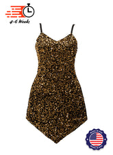 Black - Gold Sequin V-Neck/V-Hem A-Line SHIFT Show Choir Dress Front View