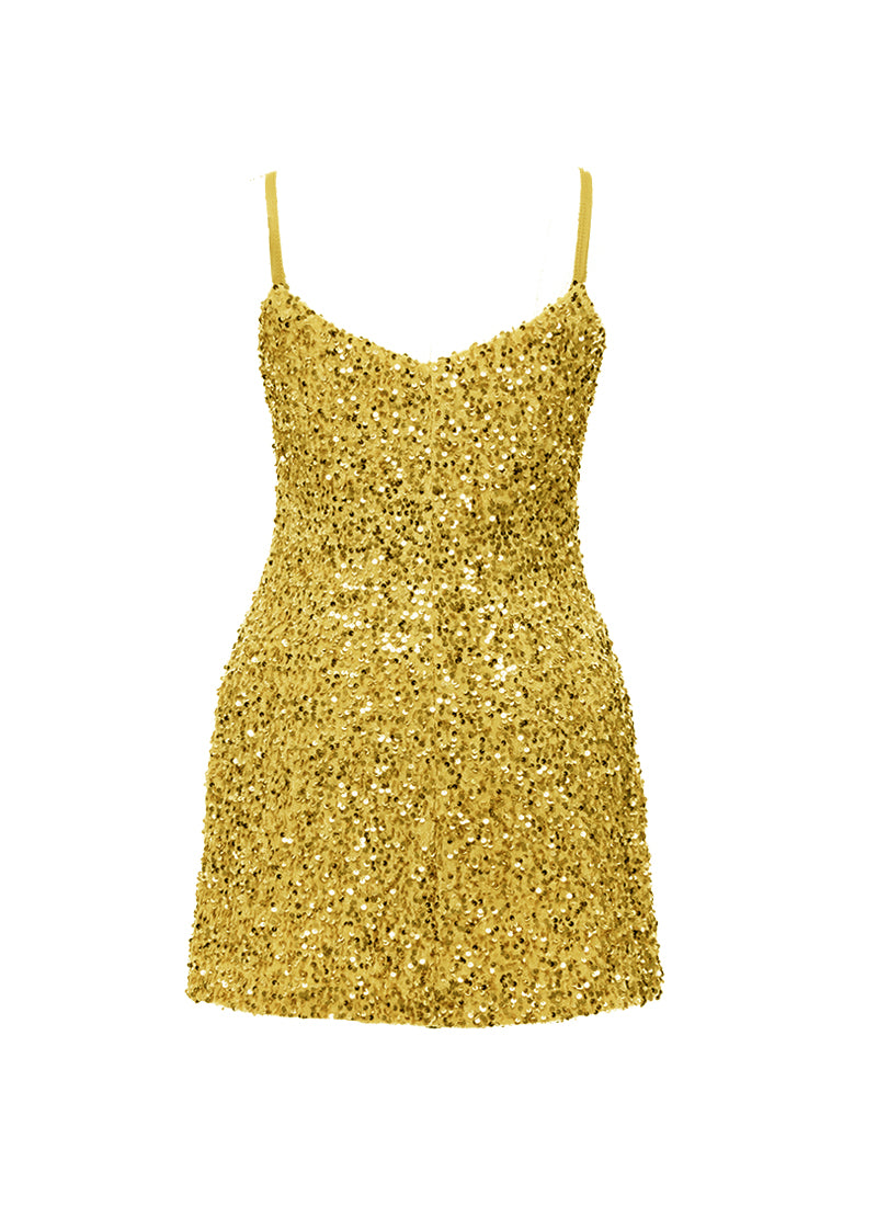 Gold - Gold Velvet Sequin V-Neck A-Line SHIFT Show Choir Dress - Ships 4 to 6 Weeks