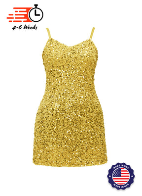 Gold - Gold Velvet Sequin V-Neck A-Line SHIFT Show Choir Dress - Ships 4 to 6 Weeks