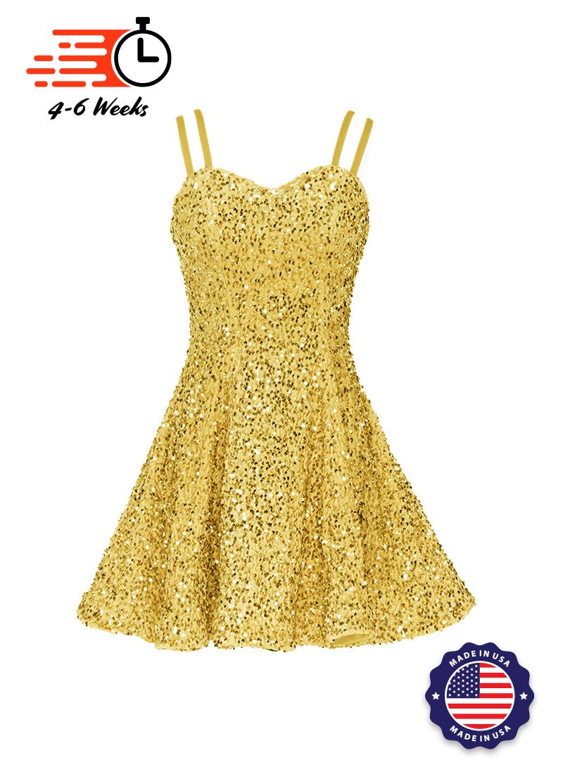 Gold - Gold Velvet Sequin Classic Square Neckline Princess Seam Show Choir Dress - Ships 4 to 6 weeks