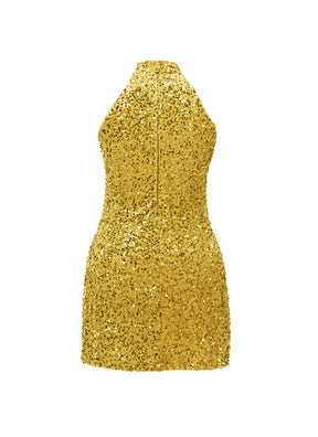 Gold - Gold Velvet Sequin High Neck A-Line SHIFT Show Choir Dress - Ships 4 to 6 Weeks