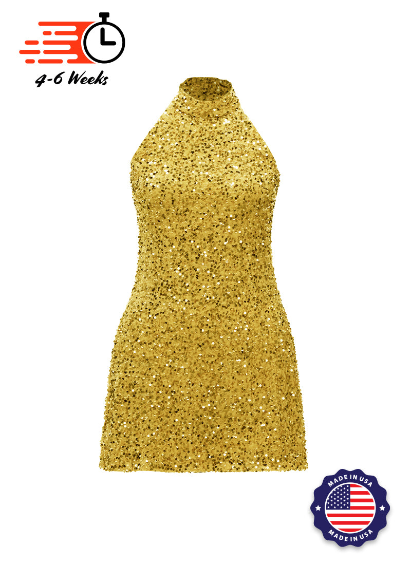 Gold - Gold Velvet Sequin High Neck A-Line SHIFT Show Choir Dress - Ships 4 to 6 Weeks