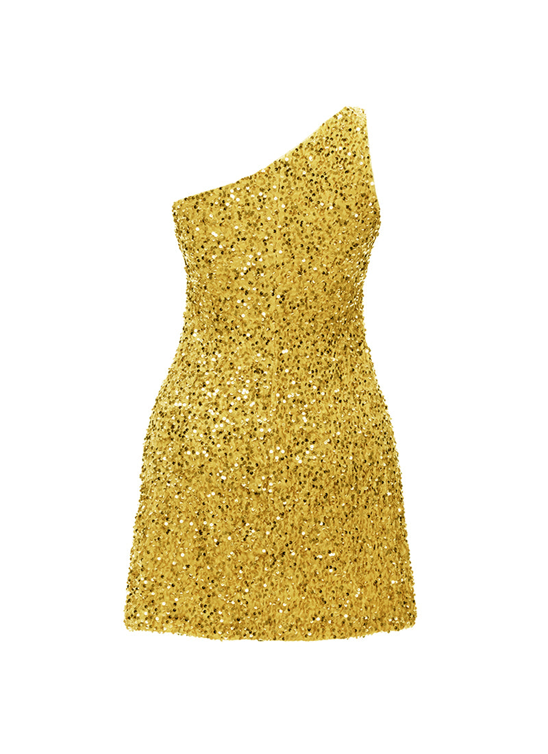 Gold - Gold Velvet Sequin One Shoulder A-Line SHIFT Show Choir Dress - Ships 4 to 6 Weeks