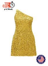 Gold - Gold Velvet Sequin One Shoulder A-Line SHIFT Show Choir Dress - Ships 4 to 6 Weeks