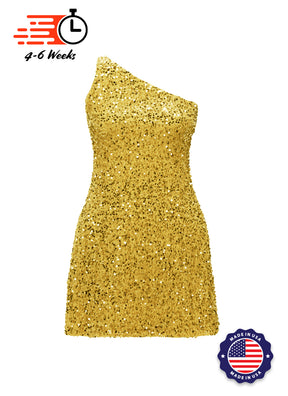 Gold - Gold Velvet Sequin One Shoulder A-Line SHIFT Show Choir Dress - Ships 4 to 6 Weeks