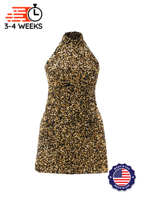 Black - Gold Velvet Metallic Sequin High Neck A-Line SHIFT Show Choir Dress Front