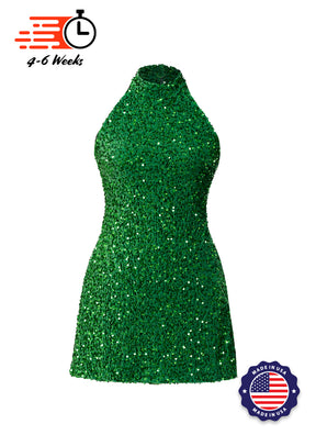 Hunter Green Velvet Sequin High Neck A-Line SHIFT Show Choir Dress Front