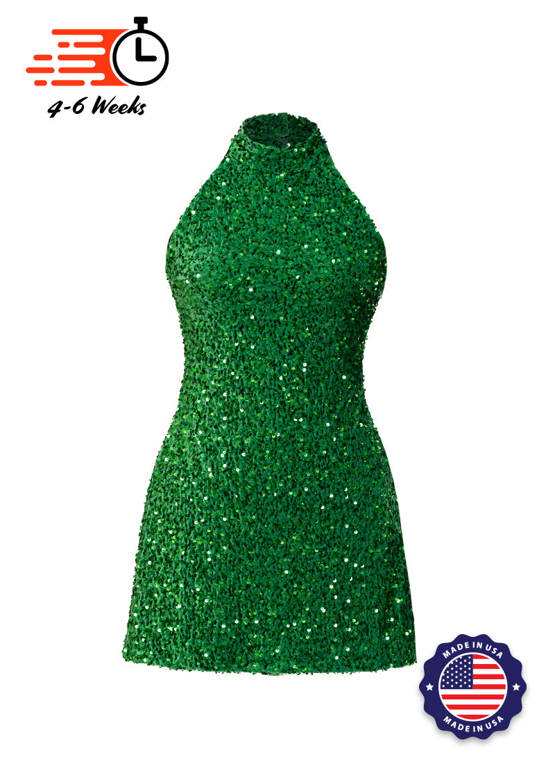 Hunter Green Velvet Sequin High Neck A-Line SHIFT Show Choir Dress Front