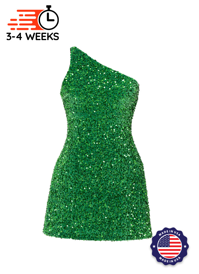 Hunter Green Velvet Sequin One Shoulder A-Line SHIFT Show Choir Dress Front