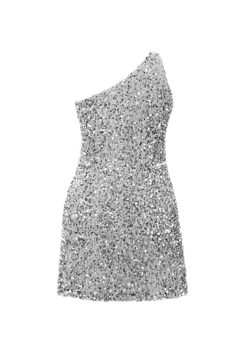 Grey - Silver Velvet Sequin One Shoulder A-Line SHIFT Show Choir Dress - Ships 4 to 6 Weeks