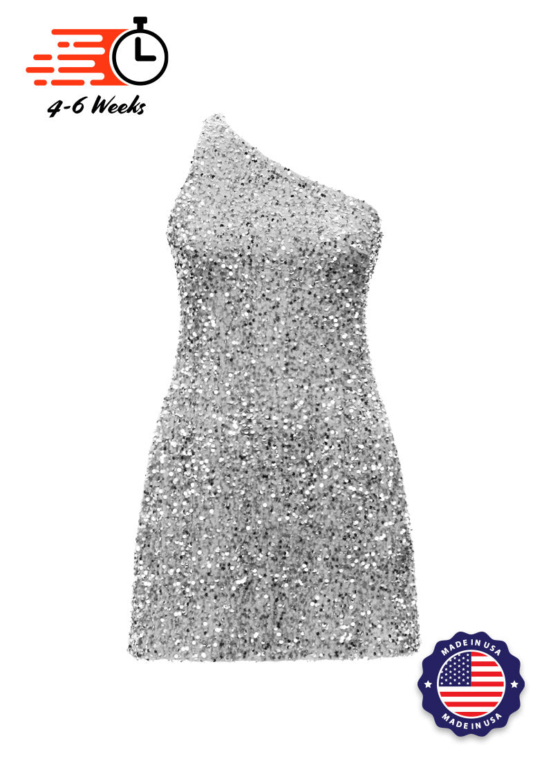 Grey - Silver Velvet Sequin One Shoulder A-Line SHIFT Show Choir Dress - Ships 4 to 6 Weeks