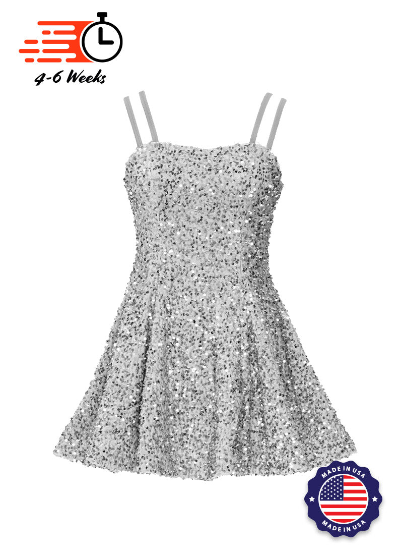 Velvet Sequin - Silver Flash Classic Square Neckline Princess Seam Show Choir Dress - Ships 4 to 6 weeks White Velvet with Silver Sequins / 2XS - Velvet Sequin - Silver Flash Classic Square Neckline Princess Seam Show Choir Dress - Ships 4 to 6 weeks White Velvet with Silver Sequins / 2XS -