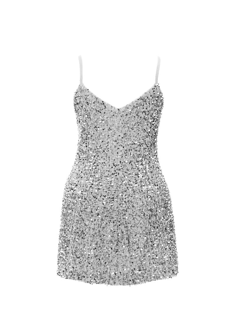 Grey - Silver Velvet Sequin V-Neck A-Line SHIFT Show Choir Dress - Ships 4 to 6 Weeks