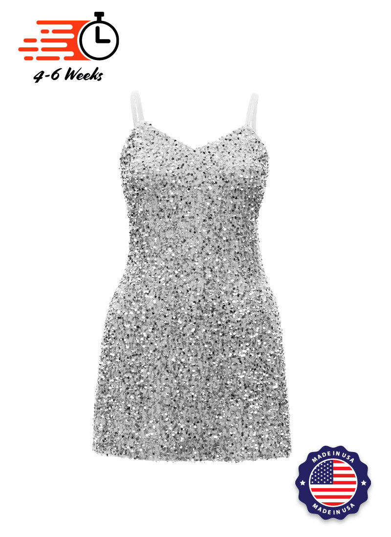 Grey - Silver Velvet Sequin V-Neck A-Line SHIFT Show Choir Dress - Ships 4 to 6 Weeks