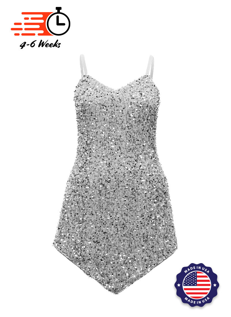 Grey - Silver Velvet Sequin V-Neck/V-Hem A-Line SHIFT Show Choir Dress - Ships 4 to 6 Weeks