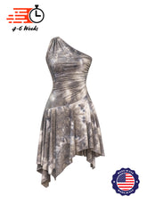Grey Marbled Asymmetrical Ruched Knit Show Choir Dress - Ships in 4 to 6 Weeks