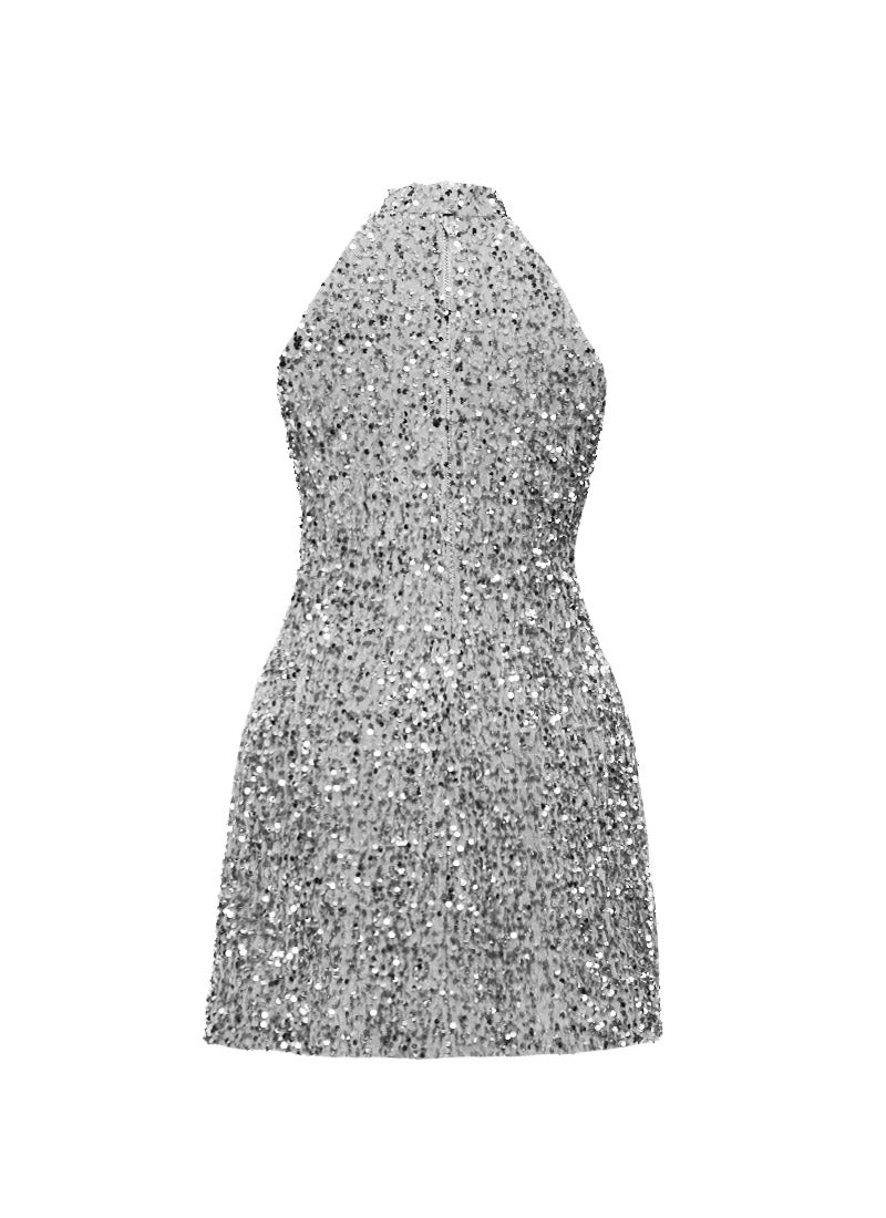 Grey - Silver Velvet Sequin High Neck A-Line SHIFT Show Choir Dress - Ships 4 to 6 Weeks