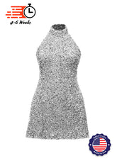 Grey - Silver Velvet Sequin High Neck A-Line SHIFT Show Choir Dress - Ships 4 to 6 Weeks