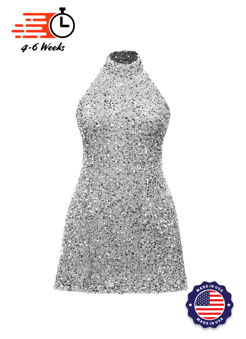 Grey - Silver Velvet Sequin High Neck A-Line SHIFT Show Choir Dress - Ships 4 to 6 Weeks