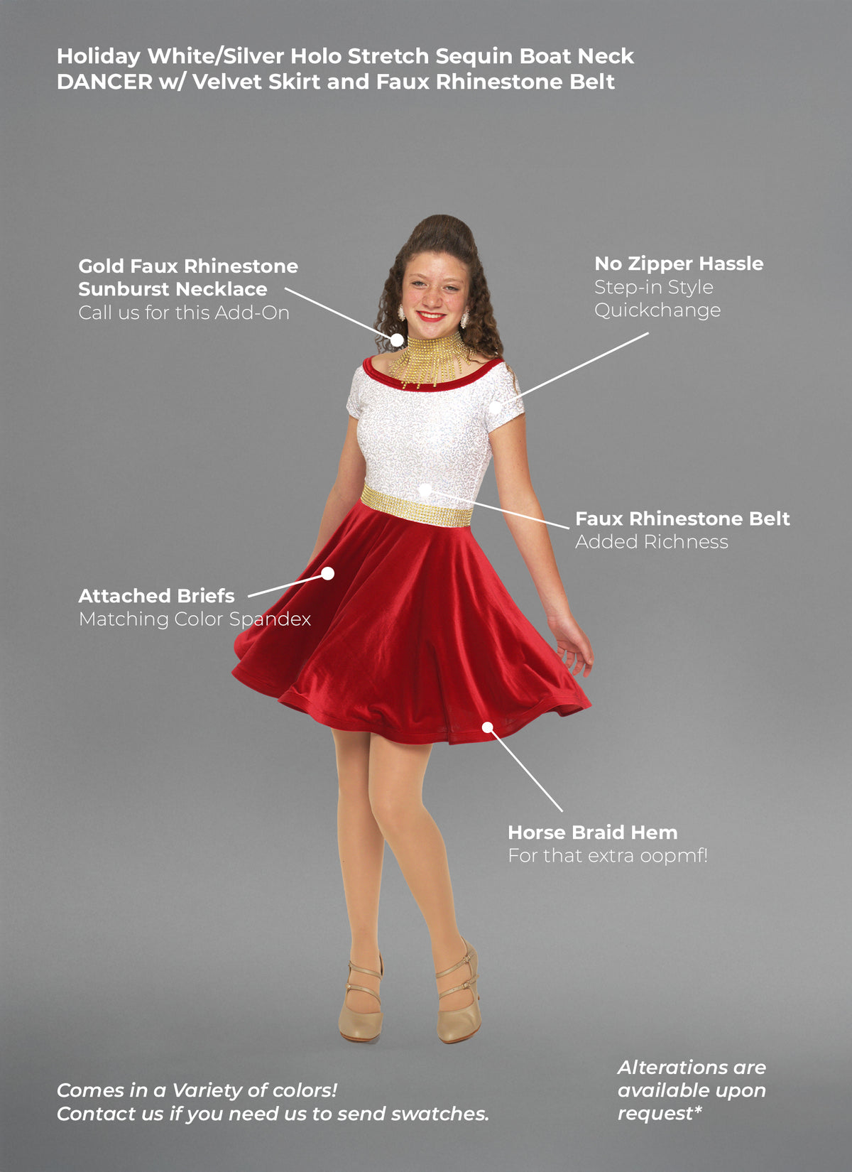 Holiday White/Silver Holo Stretch Sequin Boat Neck DANCER w/ Velvet Skirt and Faux Rhinestone Belt